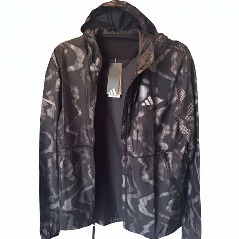 Adidas Men's Reflective Camo Hooded Windbreaker Running Jacket NWT Black S